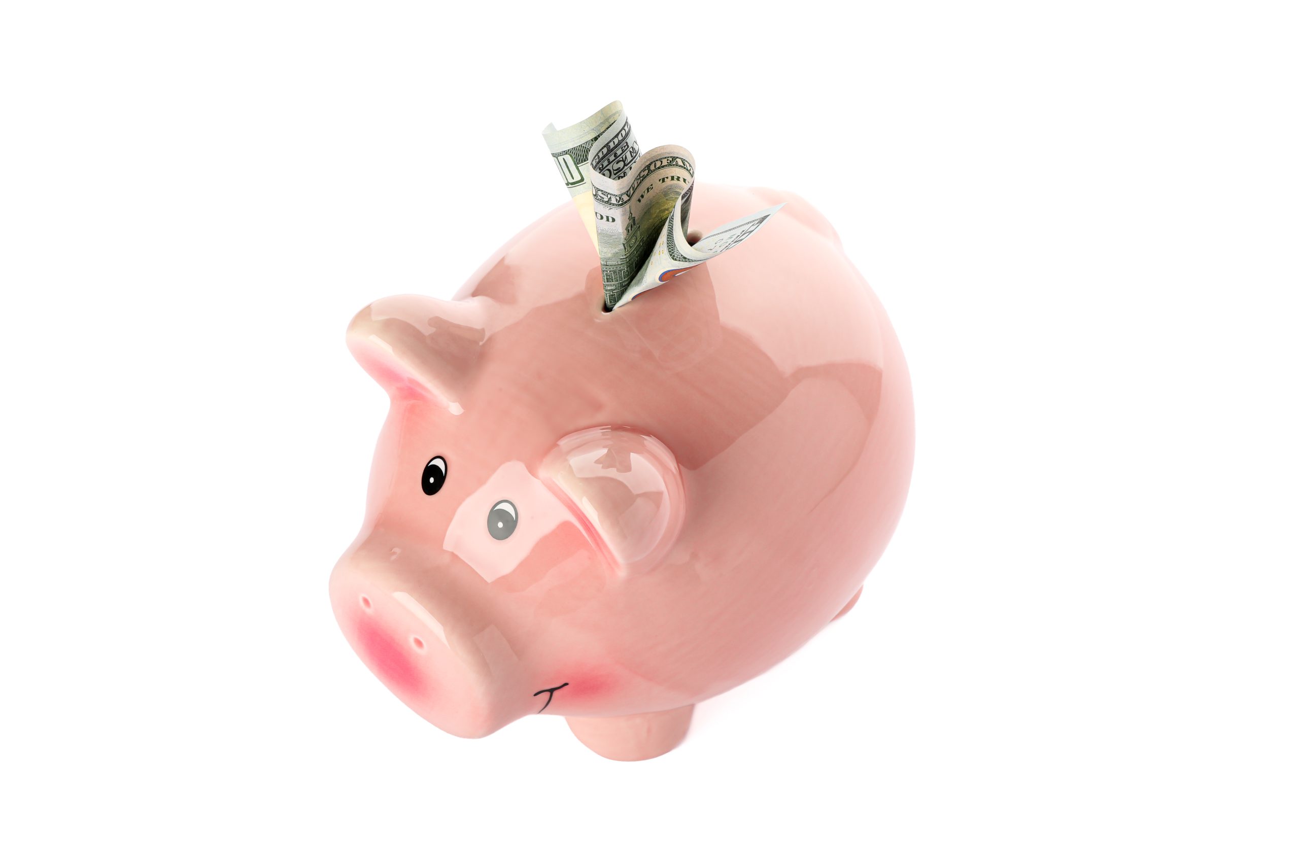 Happy piggy bank with money isolated on white background. Financ